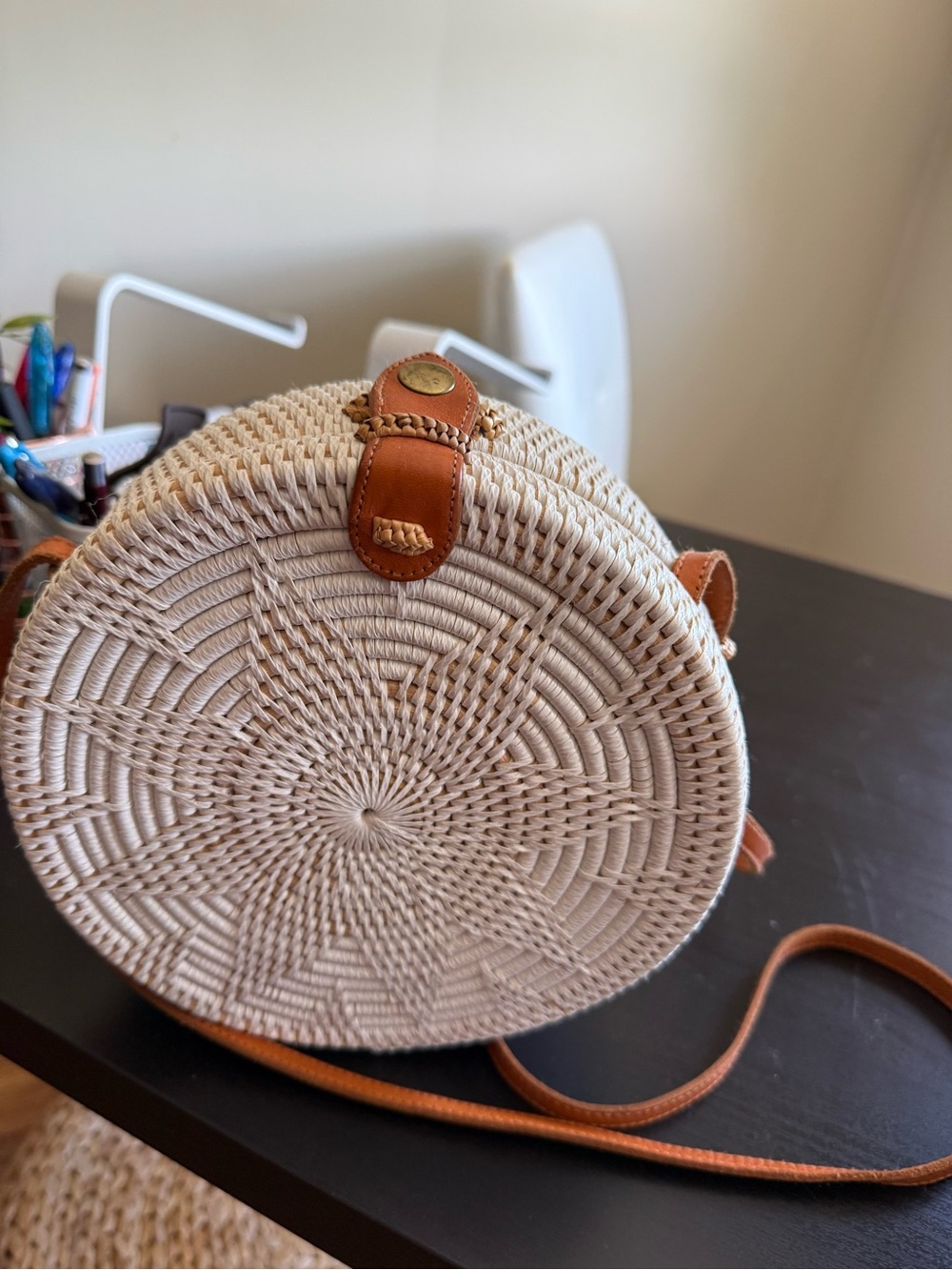 Woven Round Crossbody Bag with Tan Trim